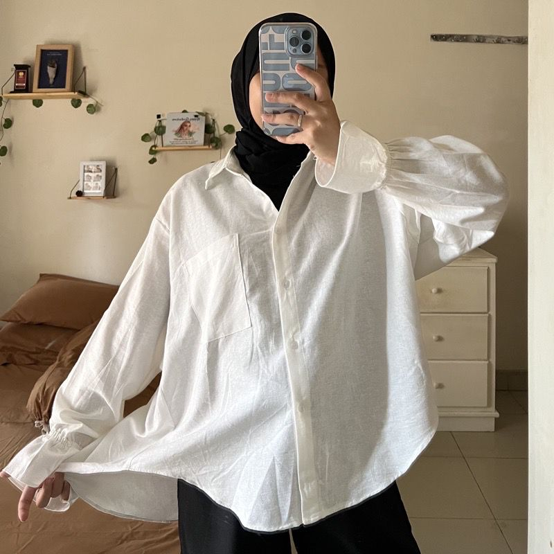 Amy Shirt Atasan Wanita Kemeja Bahan Linen Oversize Fashion Muslimah Bestseller