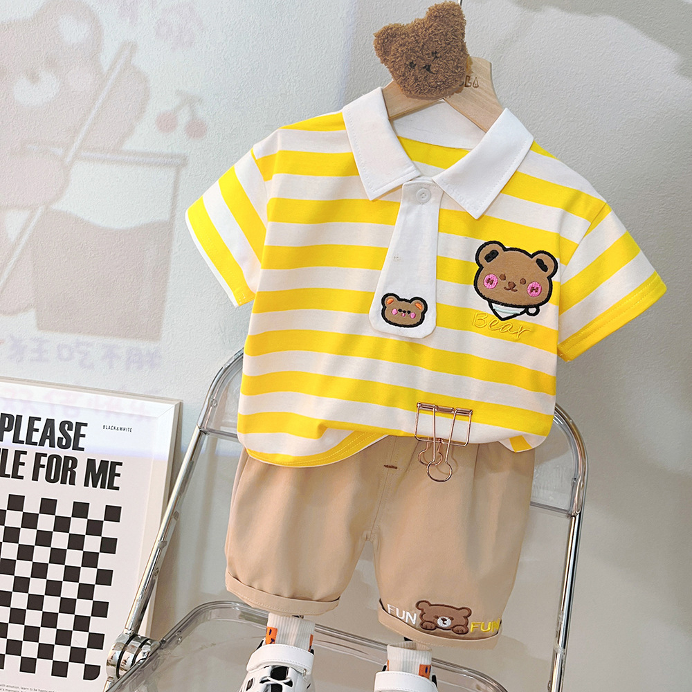 Setelan Anak Laki Laki + dasi LIAM Baju Set 2in1 Kaos Polo Garis dan Celana Pendek Import