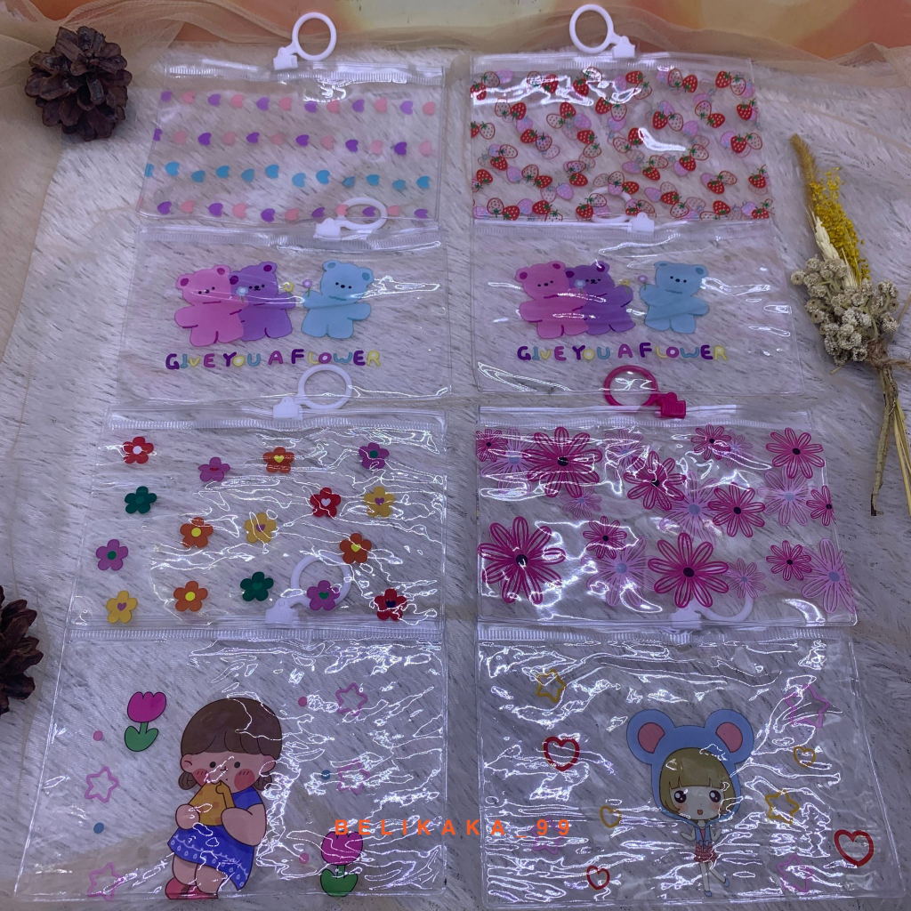 POUCH MIKA TRANSPARAN MOTIF KARAKTER CEWE LOVE BUNGA BERUANG / POUCH MIKA MULTIFUNGSI / ZIPPER BAG / POUCH SERBAGUNA TRANSPARAN