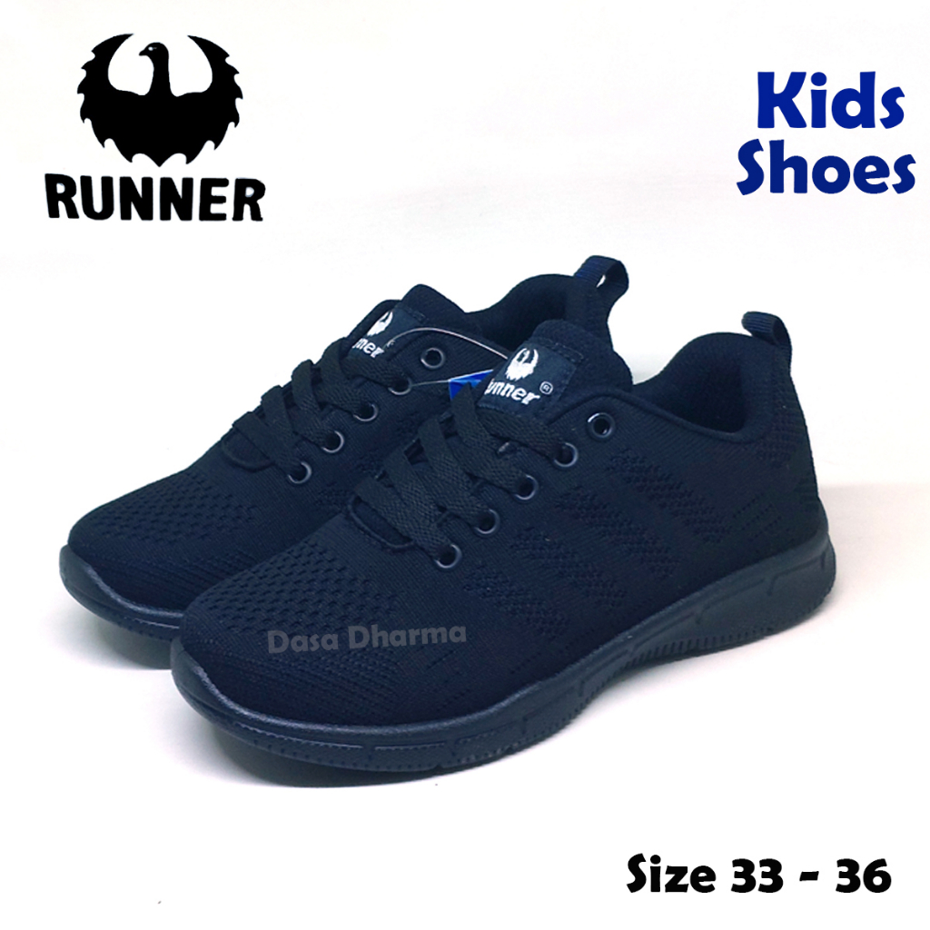 Sepatu Runner Anak Sekolah SD Pendek Tali Sneakers Hitam Polos Size 33 - 36