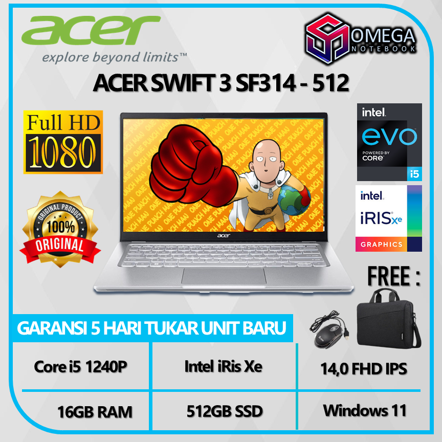 Laptop ACER Swift 3 SF314 512 Intel EVO i5 1240P 16GB 512SSD iRis Xe 14.0&quot;FHD IPS Windows 11