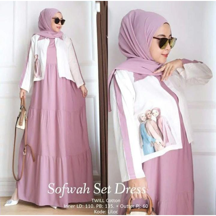 GAMIS SET OUTHER SOFWAH SET BAHAN KATUN RAYON APLIKASI SABLON DAPAT INNER DAN OUTER LD 110 CM P.INNER 135 CM P.OUTER 60 CM P.TANGAN 55 CM SETELAN WANITA TERBARU 2023 KEKINIAN / ONE SET BAJU MUSLIM MODERN / SETELAN GAMIS TERBARU WARNA