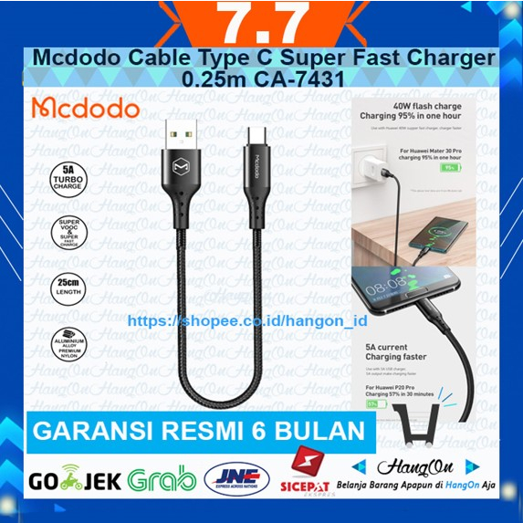 MCDODO Cable Type C Super Fast Charger 4.0 40W CA-7431 Kabel Pendek