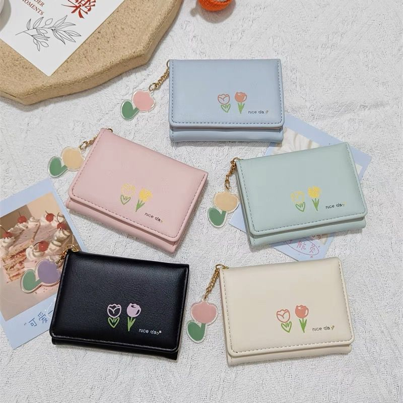 AFM Dompet Lipat Mini Dompet Wanita Motif Flower Free Gantungan Cute