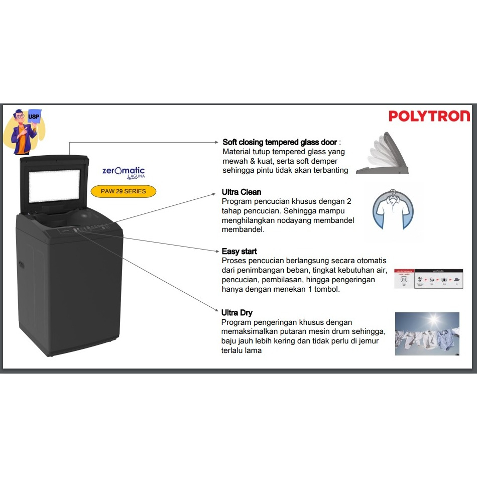 POLYTRON Mesin Cuci 1 Tabung PAW 8029Y Zeromatic Laguna series Hijab 8 KG