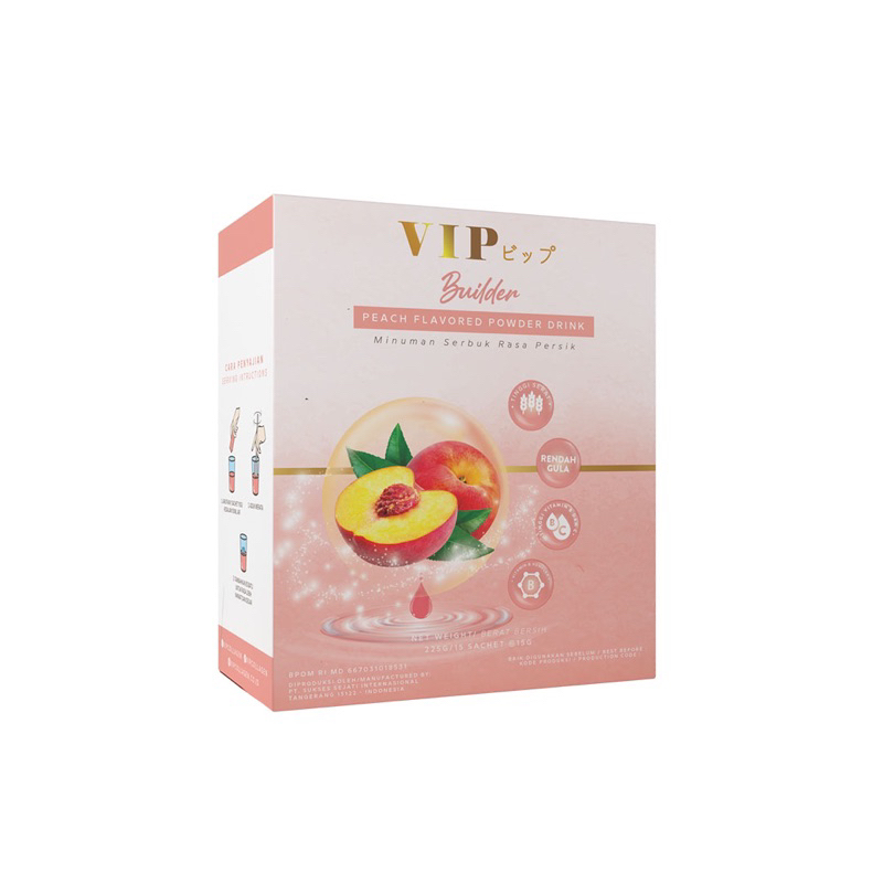 VIP Builder Collagen Peach Plant based minuman kolagen kecantikan kulit pink vegan vegetarian box travel 5 15 sachet