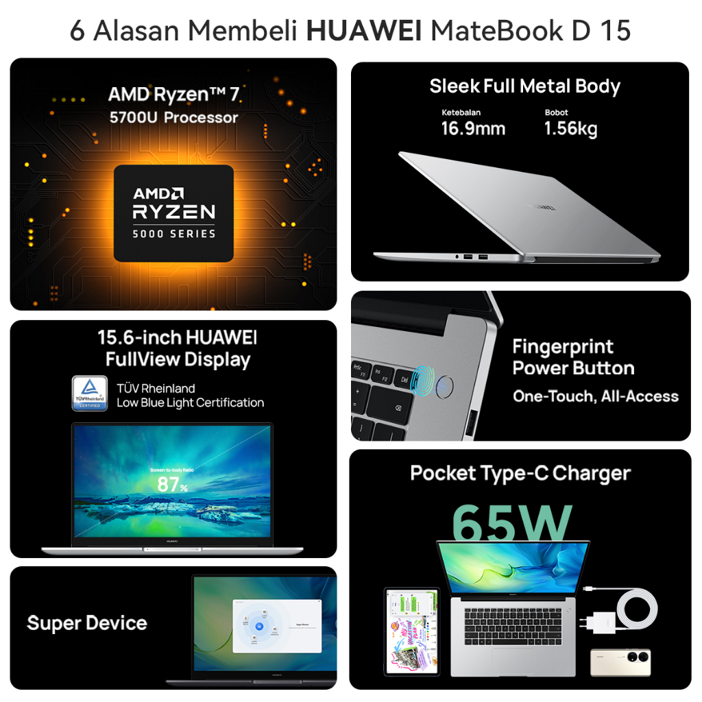 HUAWEI MATEBOOK D15  - AMD Ryzen 7 5700U ( RAM 8GB SSD 512GB ) 15 Inch IPS Windows 11 - CICILAN 0%