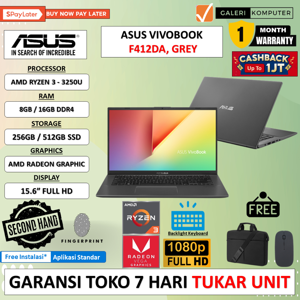 LAPTOP MURAH ASUS VIVOBOOK F412DA AMD RYZEN 3 3250U 8GB 256GB 14&quot; FHD WINDOWS 10 HOME ORIGINAL