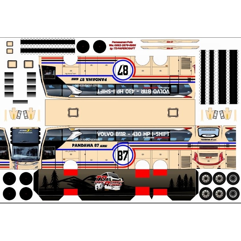 Lembaran PaperCraft Bus Pandawa 87 UHD HERBIE  Skala 1:50