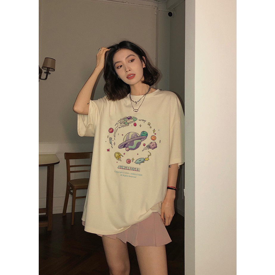 EUNII T-shirt Lengan Pendek Cartoon Planet Korean Style/Kaos Atasan Wanita/Baju Kaus Oversize Wanita/Kaos Wanita