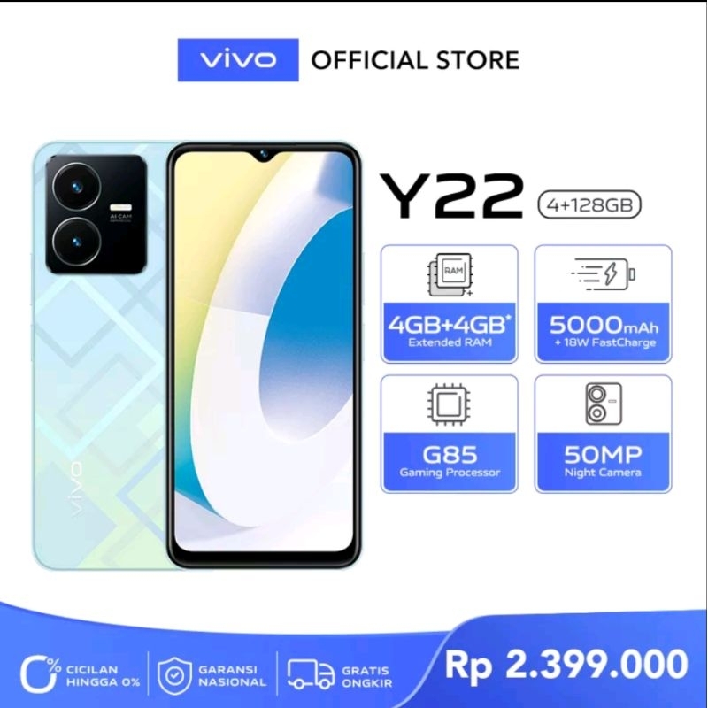 Vivo Y22 Ram 4+4 Rom 128GB | Helio G85 | 50MP Camera | splash waterproof