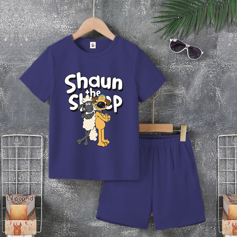 Baju Anak Stelan Usia 5-10 Tahun SHAUN SHEEP Kaos 3/4 Cowok Cewek  Celana Pendek Harian