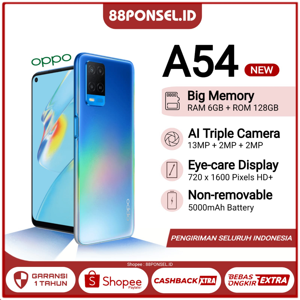 OPPO A54 RAM 6 GB INTERNAL 128 GB AI TRIPLE CAMERA FULLSET GARANSI 1 TAHUN