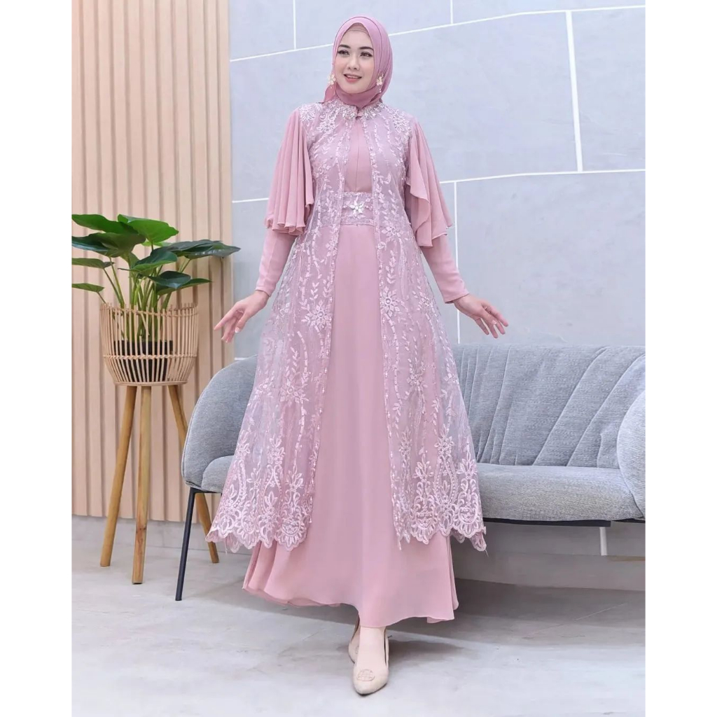 Clarisa Dress Lebaran Kondangan 2IN1 Georgina Inner + Outer Brukat Tille Premium/ Free Belt Gamis Terbaru Baju Bridesmaid Modern