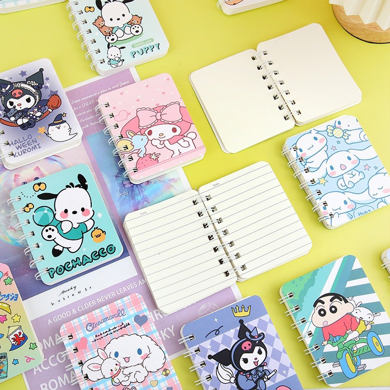 

notebook a7 notes ring motif sanrio kuromi melody cinamoroll cinammon roll pochaco pochacho cute kartun anime buku saku kecil viral book tulis murah cute