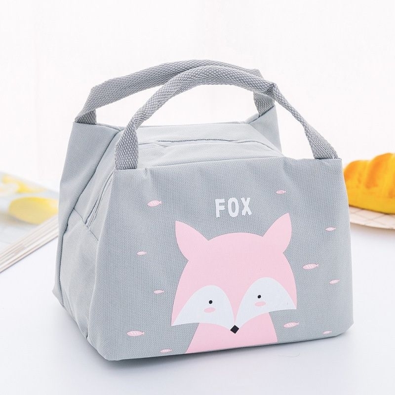 TAS BEKAL MAKANAN KARAKTER LUCU LOKAL / LUNCH BAG KARAKTER BAHAN D600 BAGUS TEBAL-Fox Grey