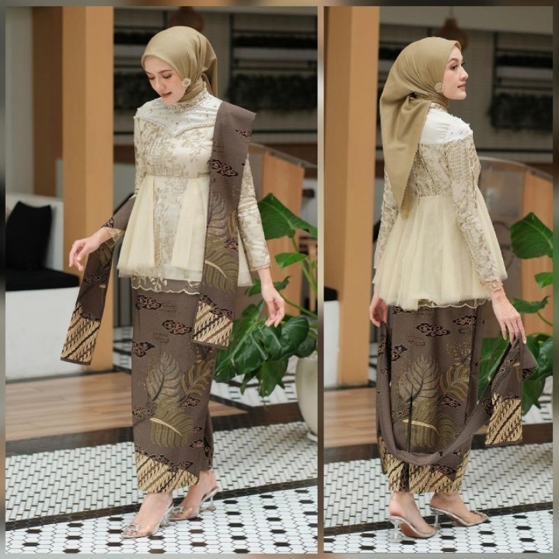 New Arrival - Setelan Kebaya Brukat Warna Cream - Kebaya Tille Brokat Mutiara - Kebaya Rok Batik Modern - Kebaya Wisuda Modern Kekinian Termurah