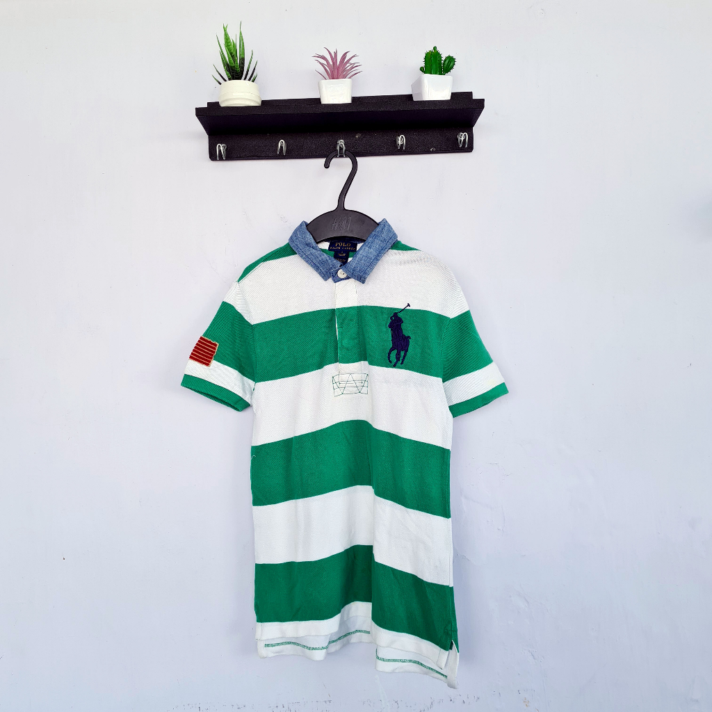 READY - Atasan Anak Laki-laki 6-7T - Kaos Kerah Salur Hijau Putih, Ori Polo Ralph Lauren.