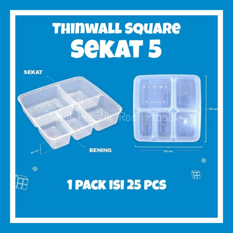 1 PACK isi 25 BIJI Thinwall Square Sekat 5 KCS / Tepak Makan Bening / Kotak Nasi Serbaguna