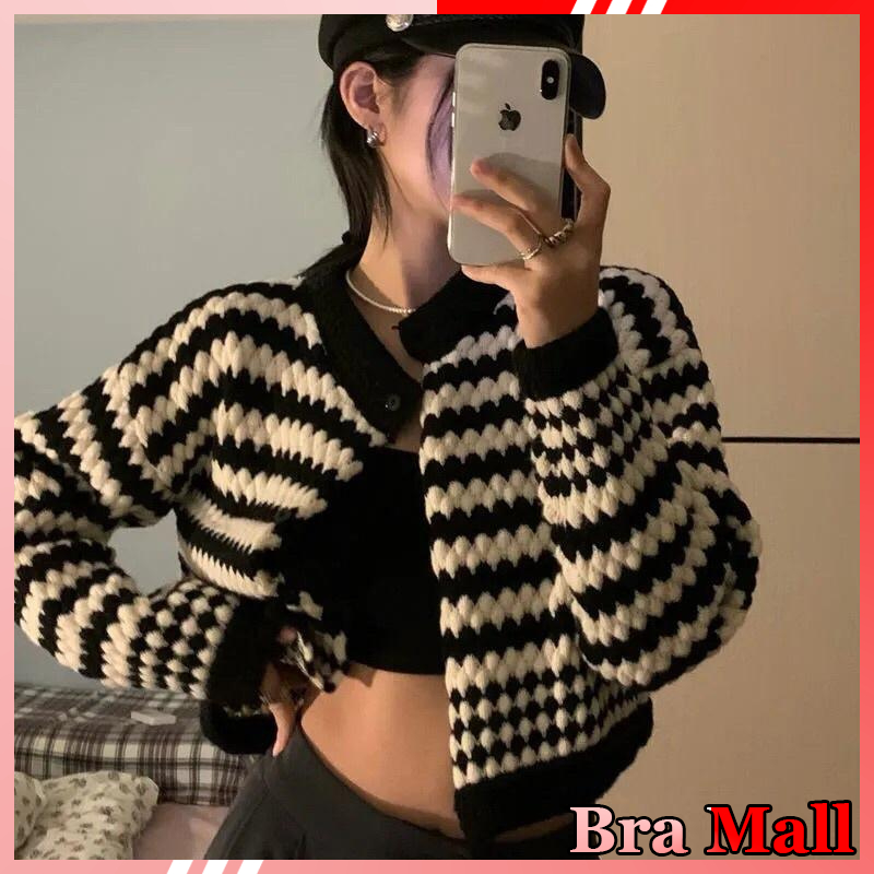 【 Bra Mall 】BJ-004 Sweater Wanita Crop Luaran Wanita Motif Strip Model Lengan Panjang Leher Bulat