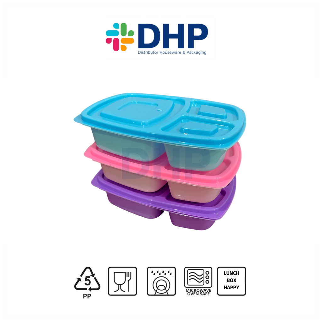 Lunch Box HAPPY (23x16 h:5) Sekat 3 Kotak Plastik Tempat Bekal Lunch Box Serbaguna Makanan Anak