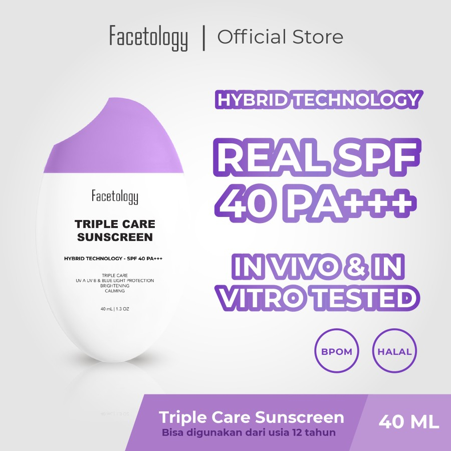 FACETOLOGY Triple Care Sunscreen SPF40 PA+++ Sunblock Sinar UVA &amp; UVB