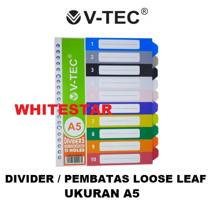 

pembatas / divider binder loose leaf 10 lembar / tabs v-tec ukuran A5