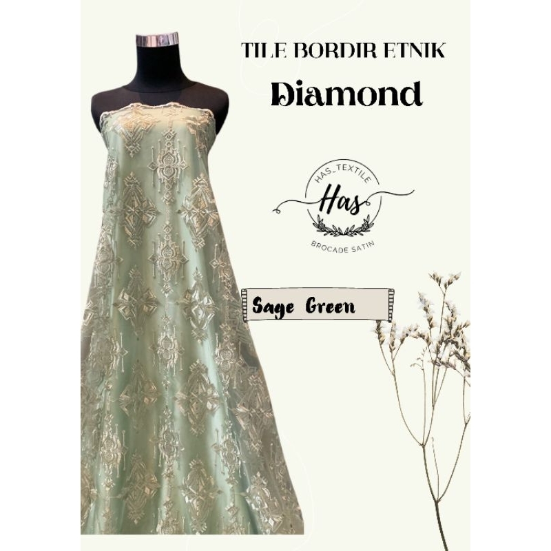 Bahan Kain Brokat Tile Etnik Keraton Diamond Warna Hijau Sage Green