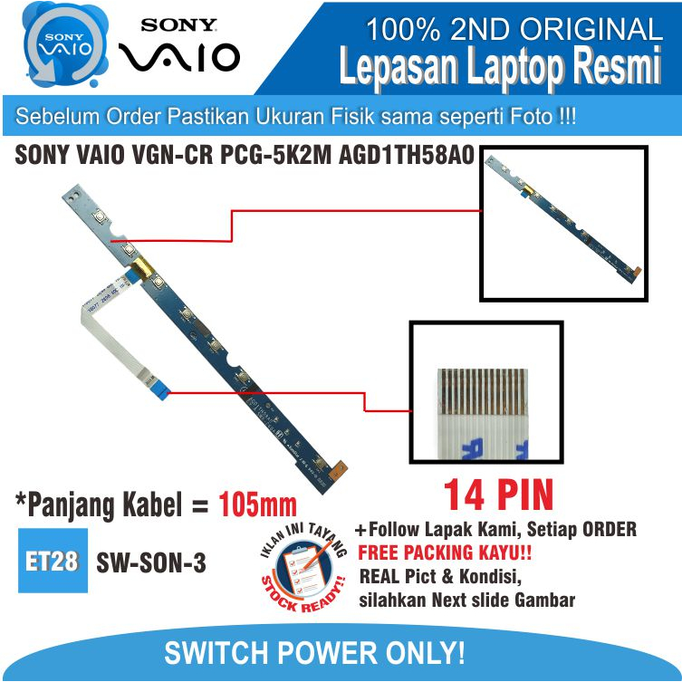 ET28 SW-SON-3 POWER Switch BOARD SONY VAIO VGN-CR PCG-5K2M AGD1TH58A0