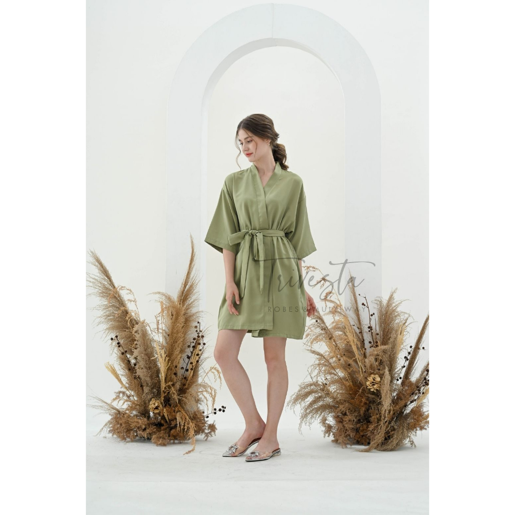 Trivesta Robes - Basic Robe Sagee Green - Kimono Robe Bridesmaid Satin + Free Bordir (Tulisan Bebas Bisa Nama)