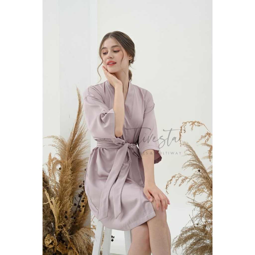 Trivesta Robes - Basic Robe Mauve - Kimono Robe Bridesmaid Satin + Free Bordir (Tulisan Bebas Bisa Nama)