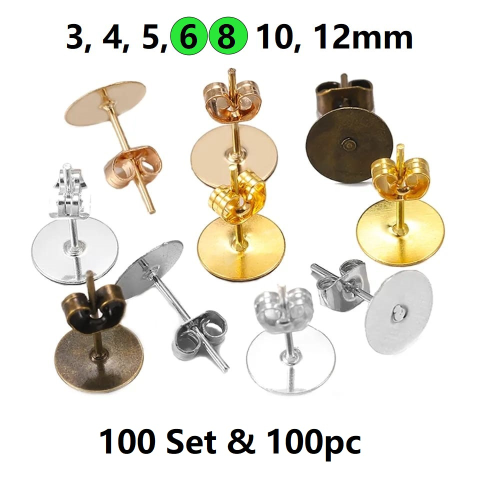 Anting Tusuk Bahan Kerajinan Polos Uk 6 - 8mm Harga/100pc-100set