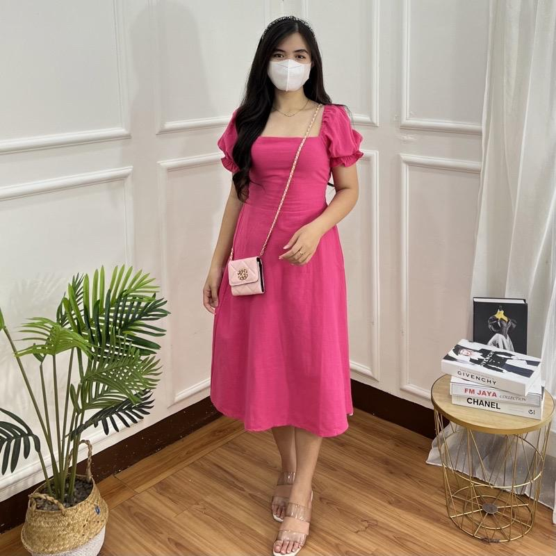 Basic id fashion Dres wanita lengan pendek  / Midi Dres cey krinkle / Dres korean style smock belakang