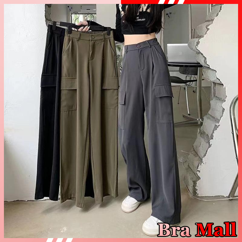 【 Bra Mall 】BJ-022 Celana Kargo Wanita Gaya Korea Retro Pinggang Tinggi Celana Casual Kaki Lebar