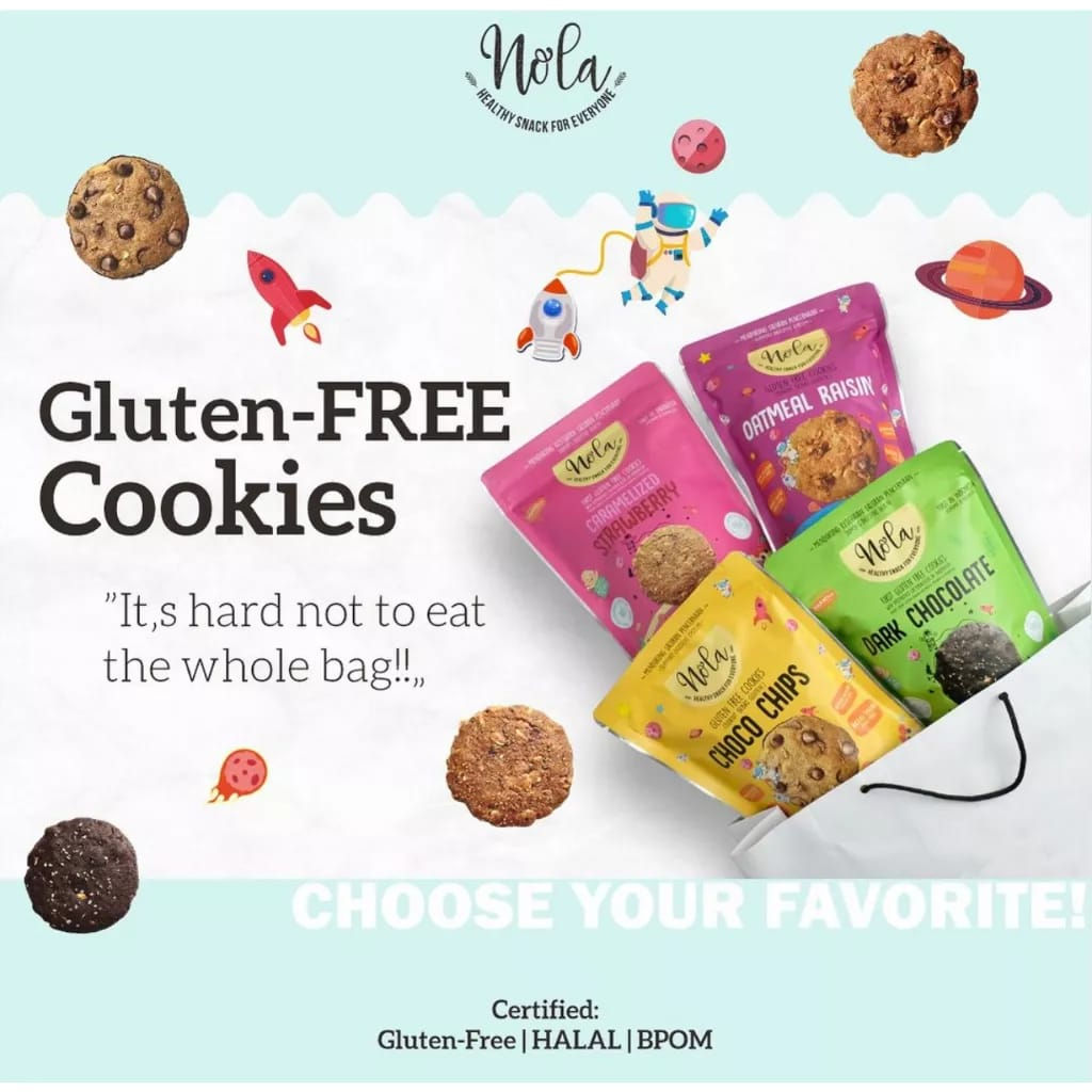 NOLA COOKIES GLUTEN FREE 75GR | SNACK BISKUIT SEHAT DIET TINGGI SERAT COOKIE BEBAS GLUTEN CHOCO CHIPS DARK CHOCOLATE STRAWBERRY OATMEAL RAISIN