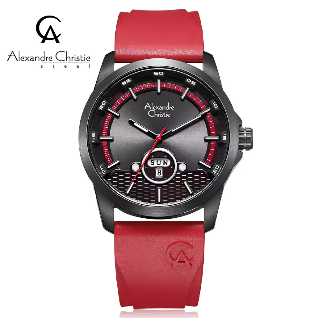 Alexandre Christie 6656 MERIPBARE - Jam Tangan Pria - Black - Red Rubber Strap