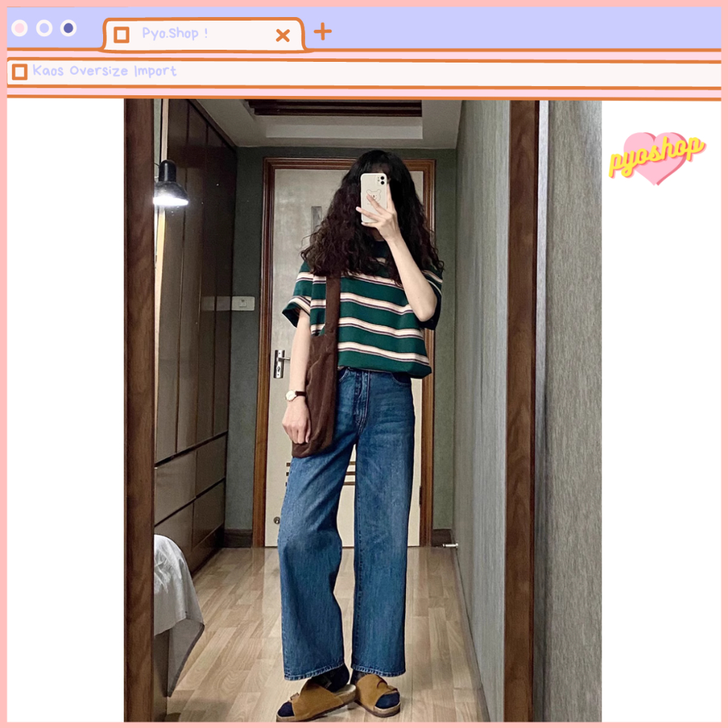 Kaos Garis-Garis Import Oversized Wanita Bordir