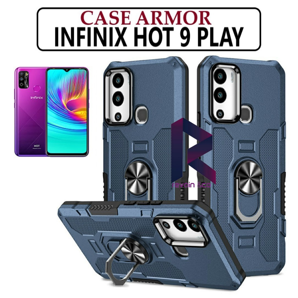 Case Armor INFINIX HOT 9 PLAY Iring Cincin Magnetic Kesing Hp Protect kamera Premium Hard Case Standing Robot Pelindung Kamera