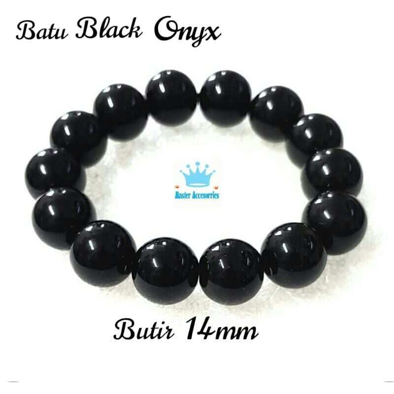 Gelang Batu Black Onyx Hitam Pekat Butiran 14 mm Asli Batu