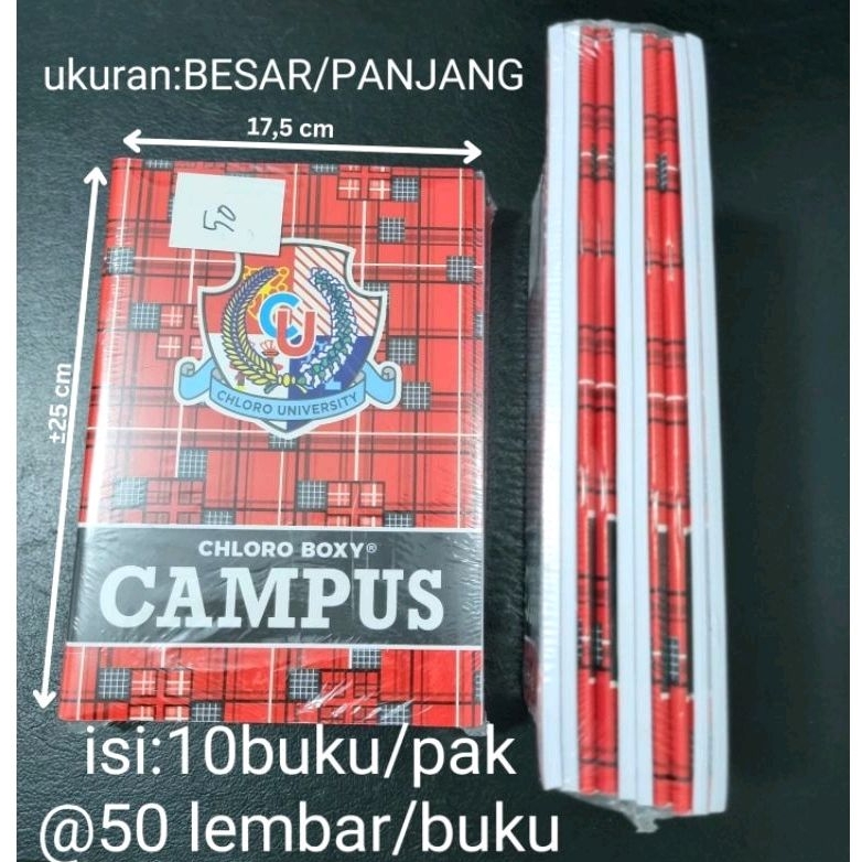 

Buku Tulis Chloro BOXY CAMPUS Panjang, 50 lembar isi 10buku/pak. Made in Indonesia.