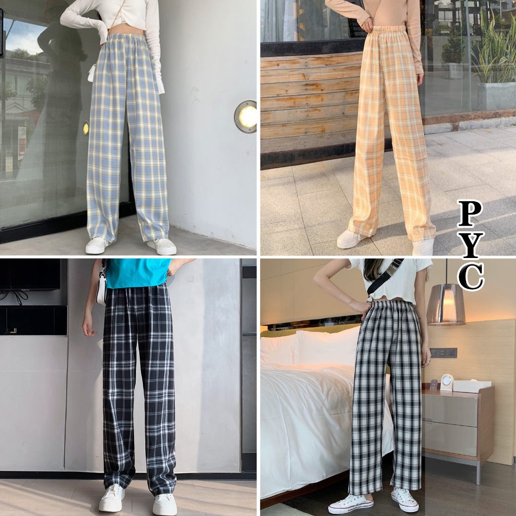 Celana kotak Kulot highwaist wanita Celana korea Pinggang elastis celana tartan - BISA COD