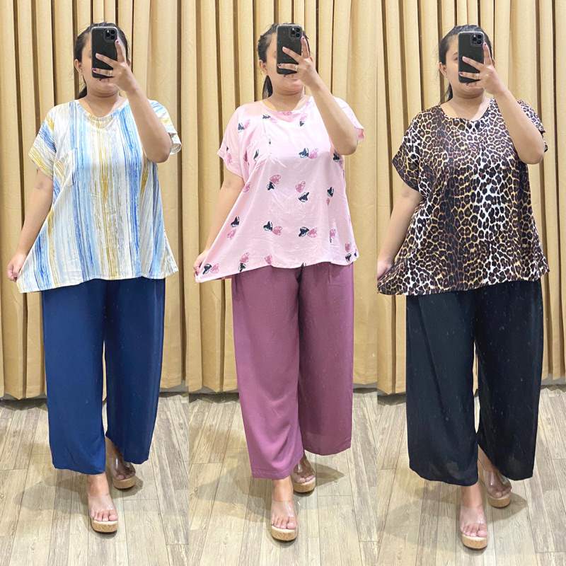 BABYDOLL JUMBO RAYON FIT TO XXXL LD 130 (CELANA PANJANG) SERI 1 LD125 LD130 | PIYAMA BIG SIZE CELANA PANJANG KULOT BAHAN RAYON | BAJU TIDUR BIGSIZE | ONESET BIGSIZE CELANA PANJANG | SETELAN JUMBO DEWASA BAHAN RAYON PREMIUM