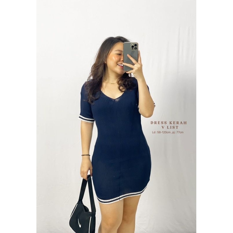 MDLV ~ DRESS KERAH V LIST PUTIH  RAJUT DRESS BODYCON DRESS KOREA STYLE DRESS SEXY FASHION WANITA