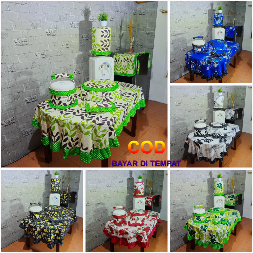 ✅COD PAKET KITCHEN SET ISI 8 PCS TAPLAK MEJA MAKAN OVAL KAIN KATUN 4-6 KURSI MODEL RUMBAI SARUNG GALON MEJIKOM MAGICOM TUDUNG SAJI BULAT COVER TUTUP KULKAS KOTAK TEMPAT TISU TISSUE ANEKA MOTIF AESTHETIC PERLENGKAPAN DEKORASI DAPUR RUMAH