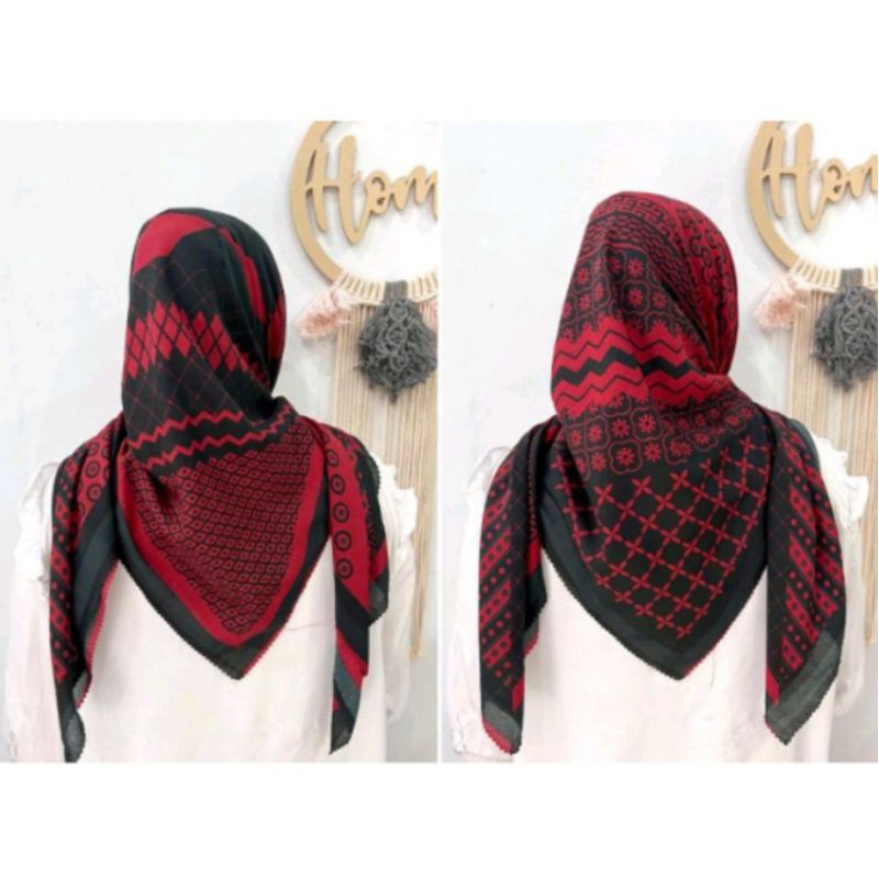 HIJAB SEGI EMPAT MOTIF INJI MERAH || KERUDUNG SEGI EMPAT INJI MERAH