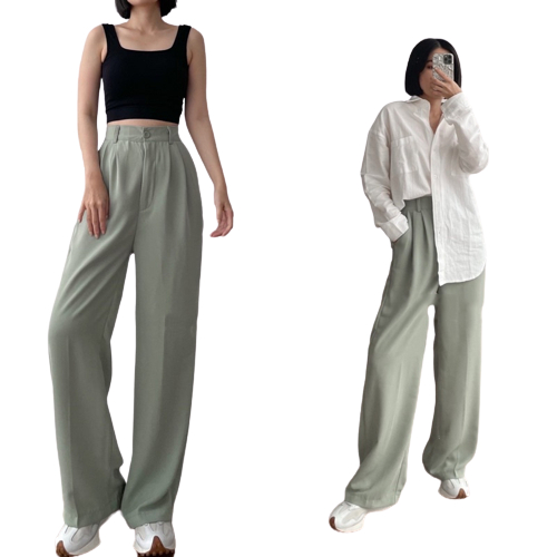 Celana Kulot Wanita Highwaist Polyester Loose Pants Saku Kanan Kiri Penutup Resleting Cp08pa