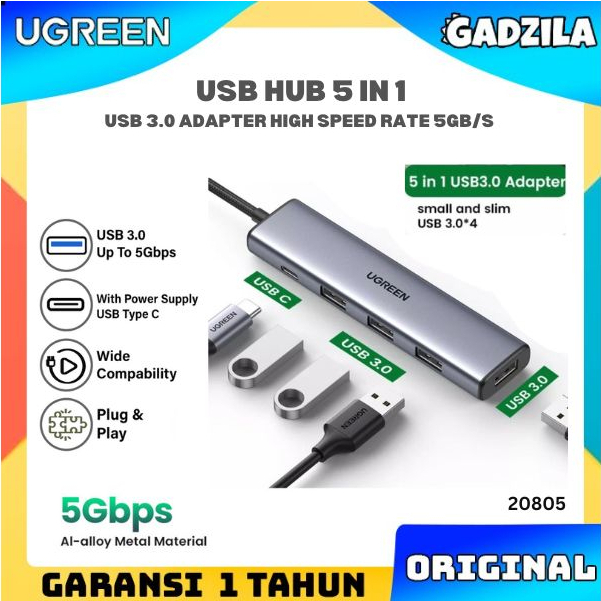 UGREEN USB Hub Kepala Adapter Adaptor 5in1 USB 3.0 Type C Laptop Macbook iPad Pro CM473 20805