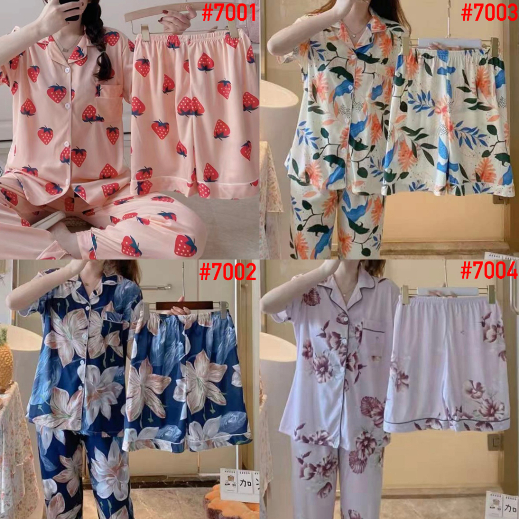 LEISURE WEAR Piyama Baju Tidur Wanita Import Fashion 3in1 Lengan Pendek Celana Pendek Panjang
