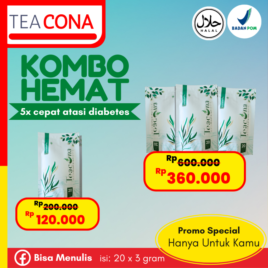 

PAKET HEMAT TEACONA 3 POUCH (ATASI DIABETES) / PENURUN GULA DARAH ALAMI / INSULIN PLUS / OBAT HERBAL DIABETES BPOM AMAN/ HALAL MUI