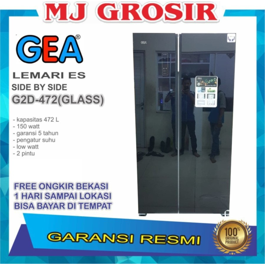 KULKAS GEA G2D 472 BLACK GLASS LEMARI ES 2 PINTU G2D472BLACK SIDE BY SIDE